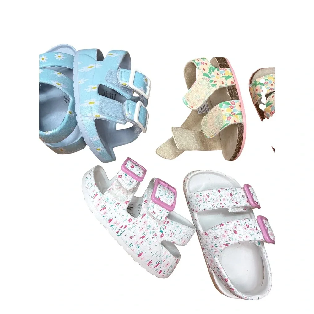 Wonder Nation‎ Infant Girls Floral Sandals Bundle 3 Pairs Size 2 Blue White Pink